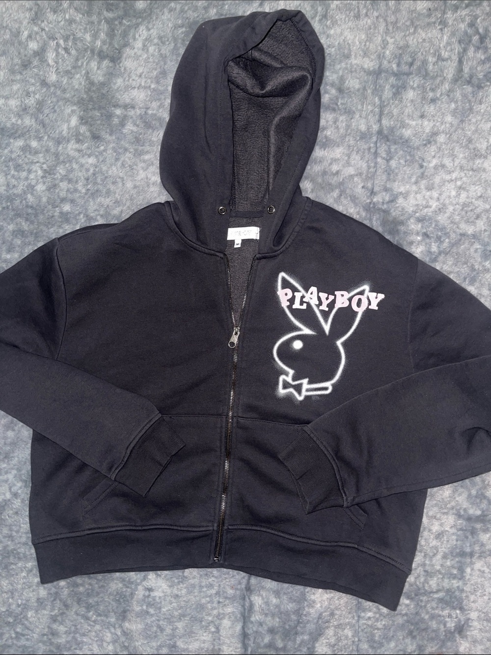 Playboy Black Crop Zip-Up Hoodie with Logo
